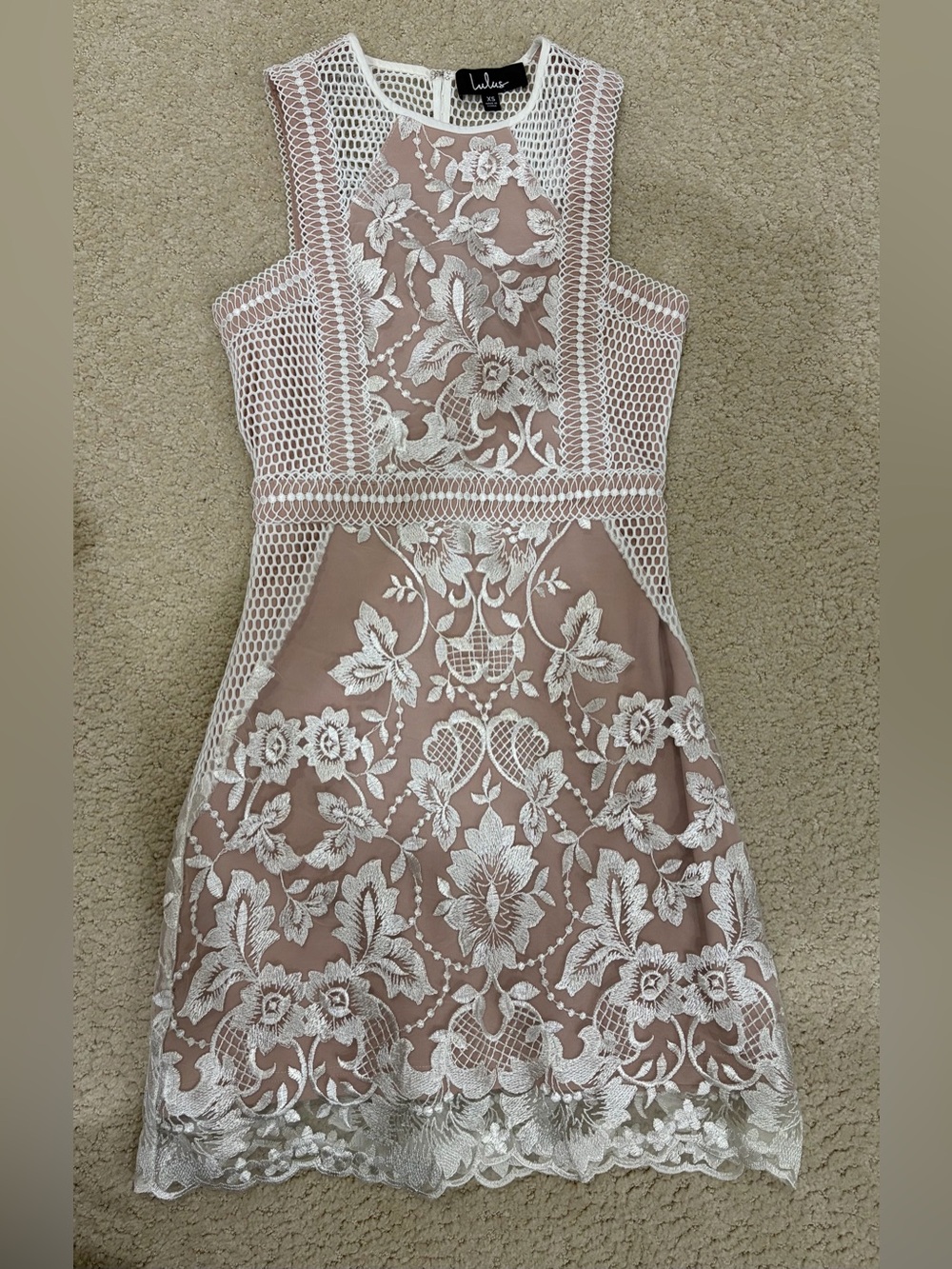 Lulu's Blush Pink Lace-Inset Mini Dress with White Embroidery